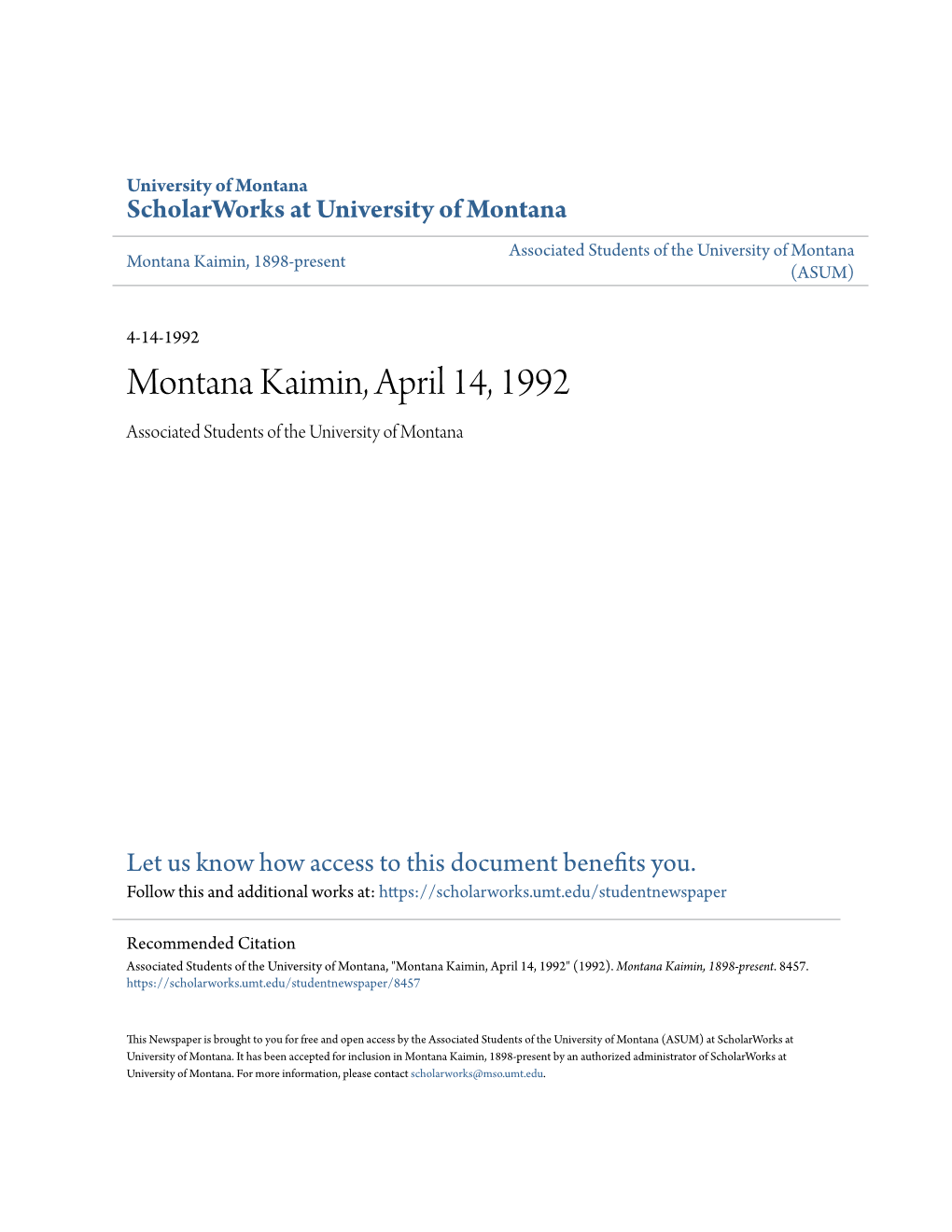 Montana Kaimin, April 14, 1992 Associated Students of the University of Montana