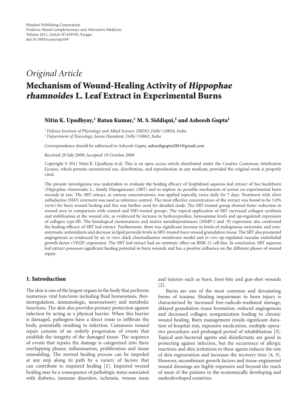 Mechanism of Wound-Healing Activity of Hippophae Rhamnoides L. Leaf Extract in Experimental Burns