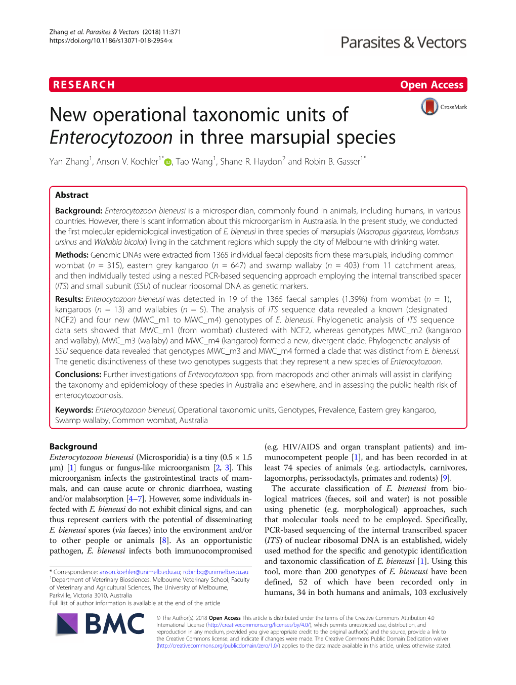 New Operational Taxonomic Units of Enterocytozoon in Three Marsupial Species Yan Zhang1, Anson V