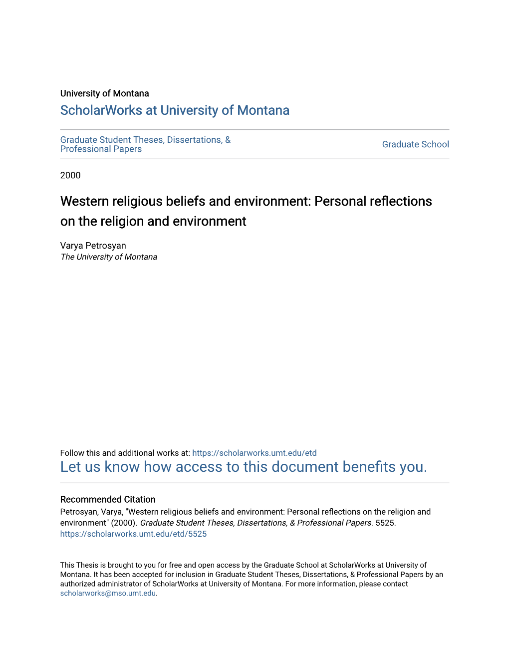 Western Religious Beliefs and Environment: Personal Reflections on the Religion and Environment