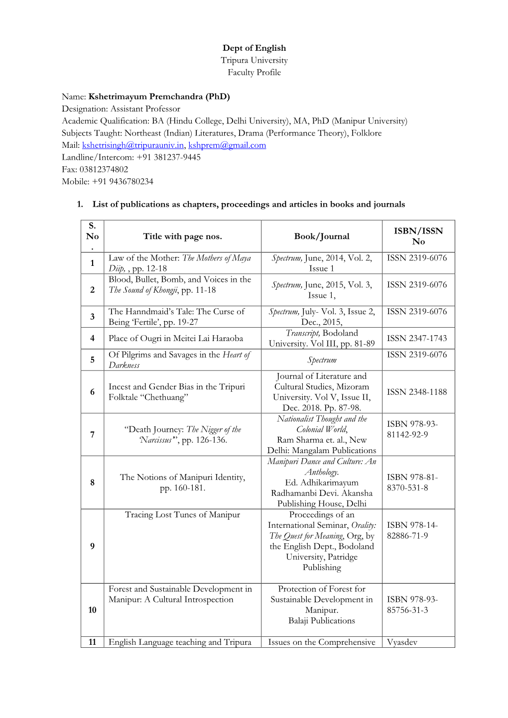 Dept of English Tripura University Faculty Profile Name