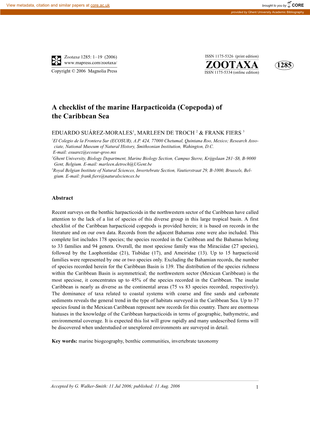 Zootaxa 1285: 1–19 (2006) ISSN 1175-5326 (Print Edition) ZOOTAXA 1285 Copyright © 2006 Magnolia Press ISSN 1175-5334 (Online Edition)