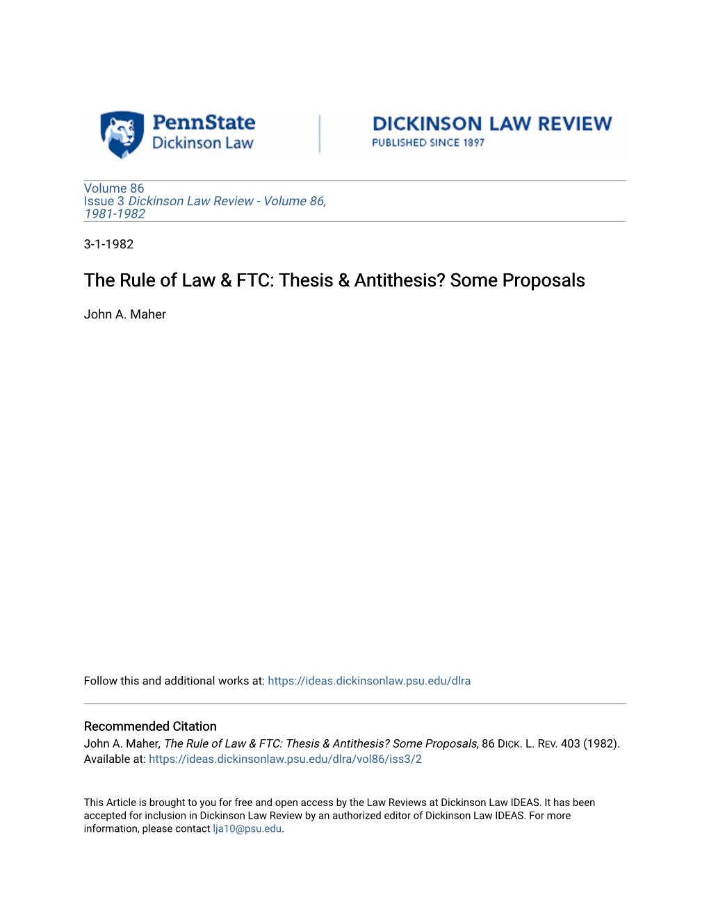 The Rule of Law & FTC: Thesis & Antithesis? Some Proposals