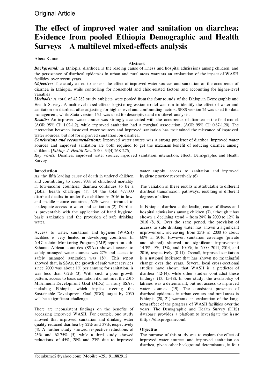 The Effect of Improved Water and Sanitation on Diarrhea: Evidence from Pooled Ethiopia Demographic and Health Surveys – a Multilevel Mixed-Effects Analysis