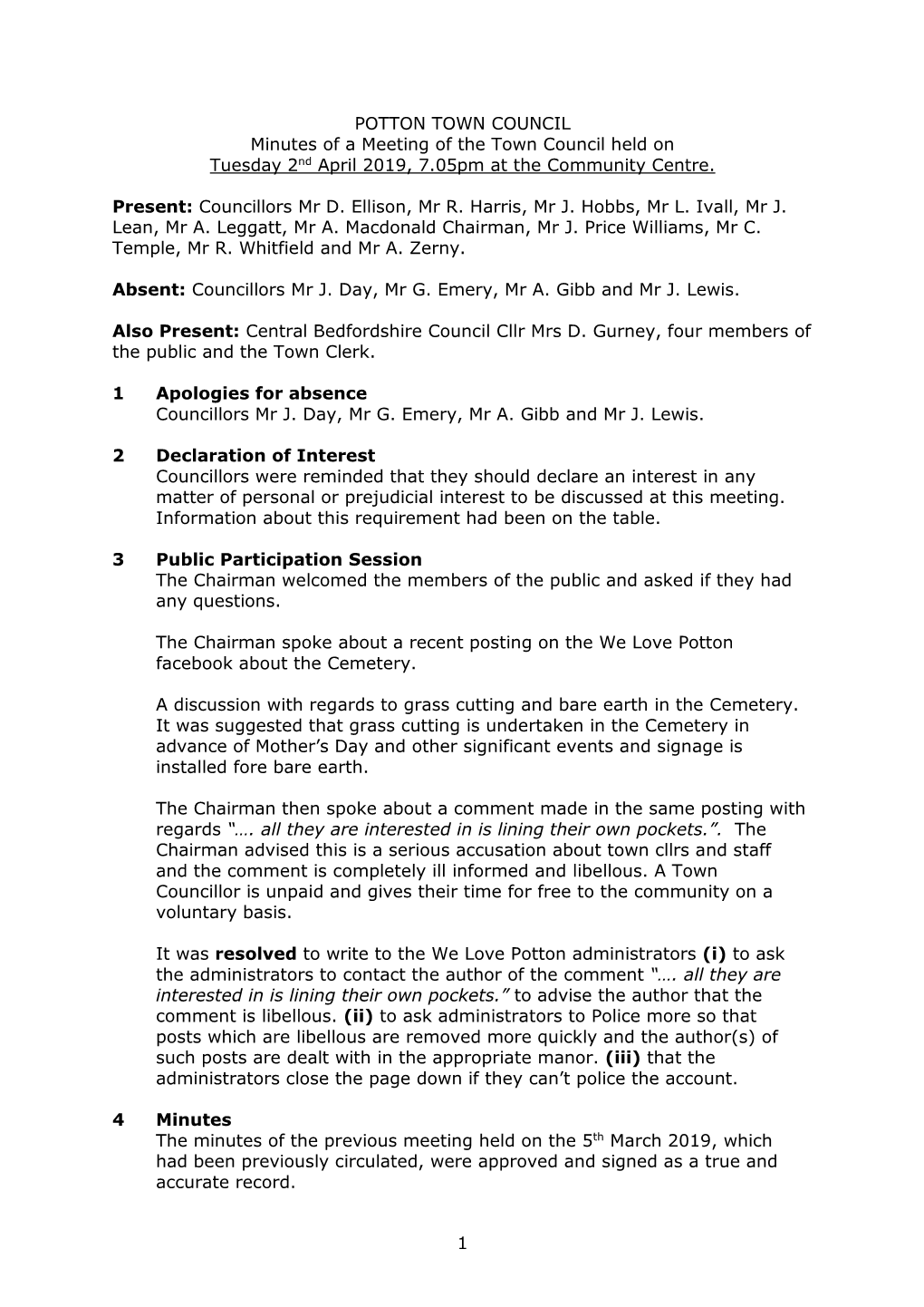 Minutes Town Council Meeting 2Nd April 2019