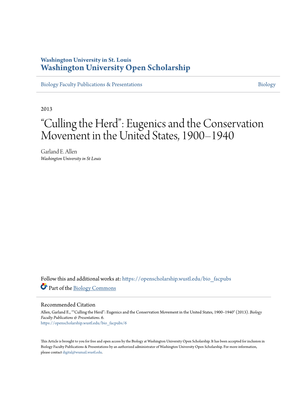 Eugenics and the Conservation Movement in the United States, 1900–1940 Garland E