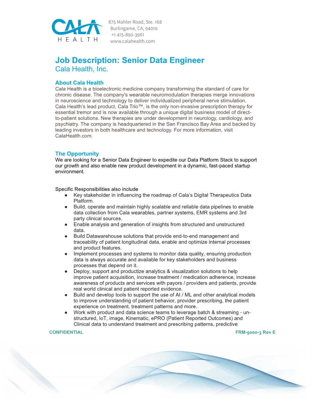 Senior Data Engineer Cala Health, Inc