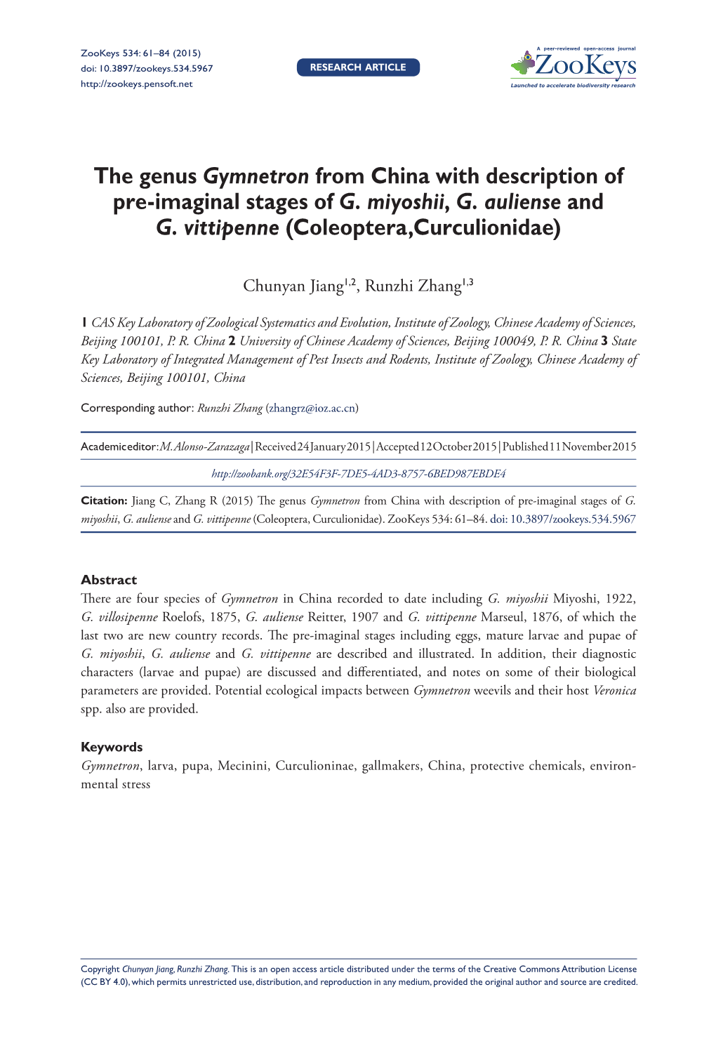 The Genus Gymnetron from China with Description of Pre-Imaginal Stages of G