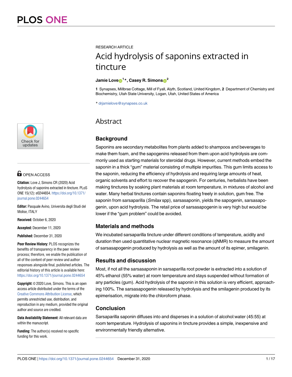 Acid Hydrolysis of Saponins Extracted in Tincture