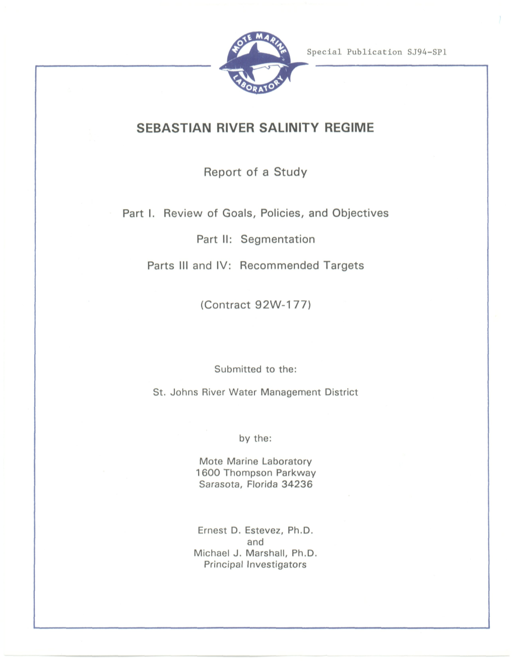 SEBASTIAN RIVER SALINITY REGIME Report of a Study