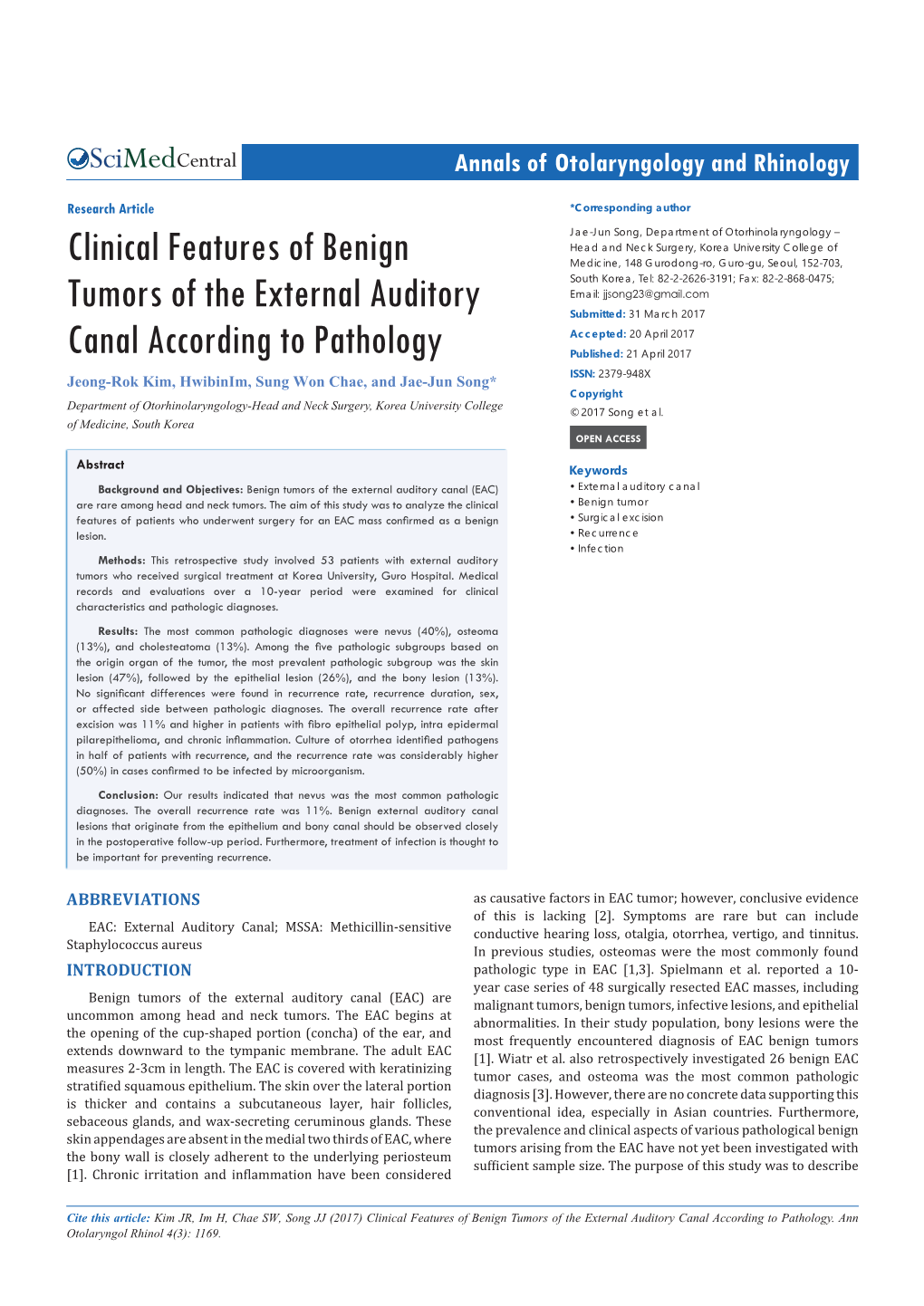 Clinical Features of Benign Tumors of the External Auditory Canal According to Pathology