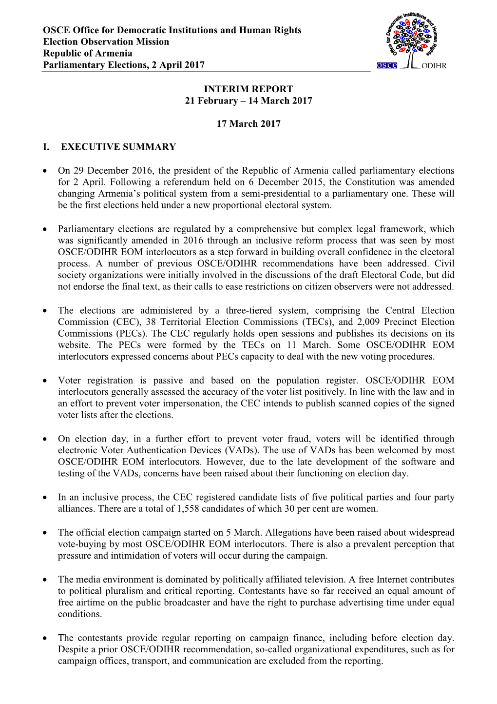 OSCE Office for Democratic Institutions and Human Rights Election Observation Mission Republic of Armenia Parliamentary Elections, 2 April 2017