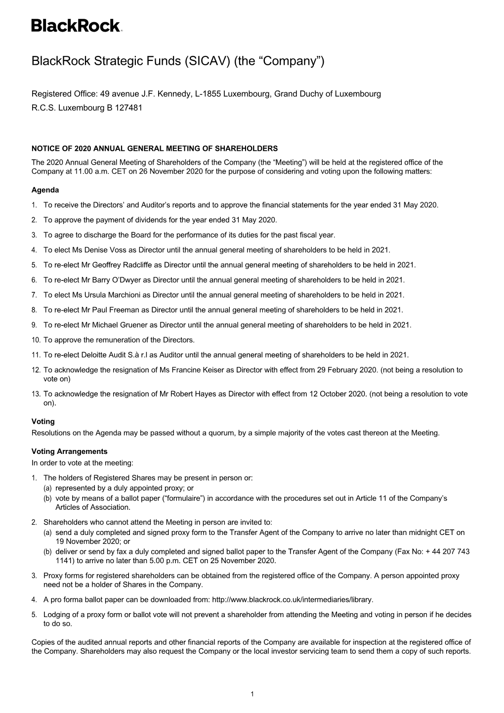 Blackrock Strategic Funds AGM Notice 3 November 2020