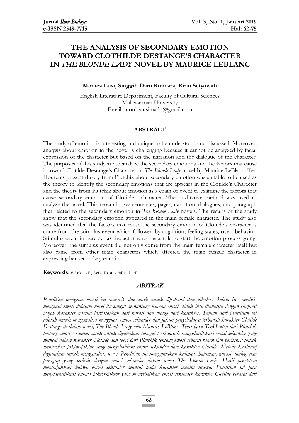 The Analysis of Secondary Emotion Toward Clothilde Destange’S Character in the Blonde Lady Novel by Maurice Leblanc