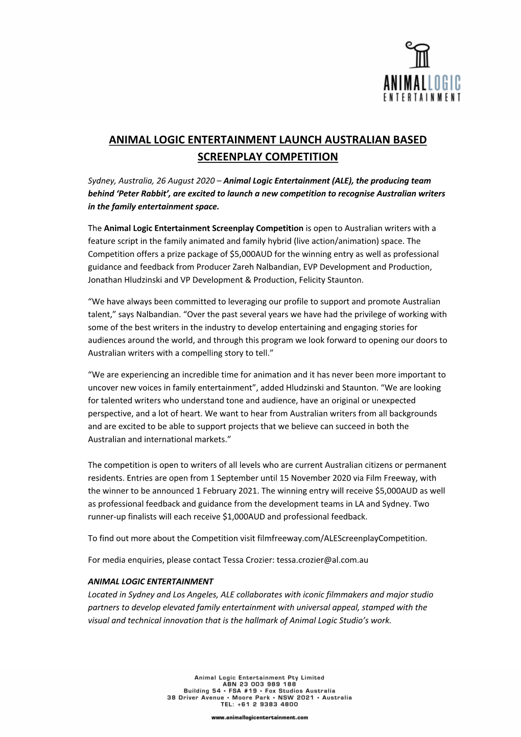 Animal Logic Entertainment Launch Australian Based Screenplay Competition