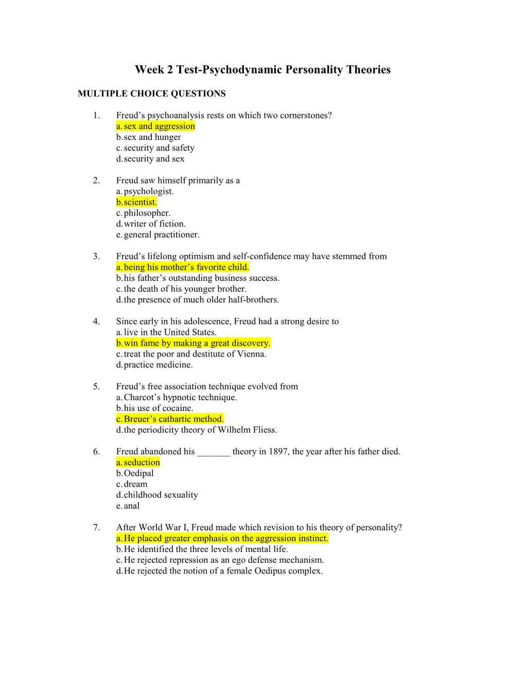 Week 2 Test-Psychodynamic Personality Theories