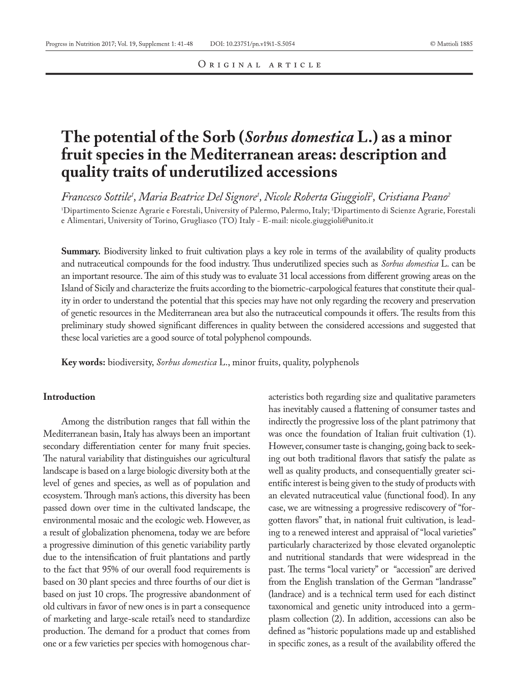 The Potential of the Sorb (Sorbus Domestica L.) As a Minor Fruit Species in the Mediterranean Areas: Description and Quality Tr