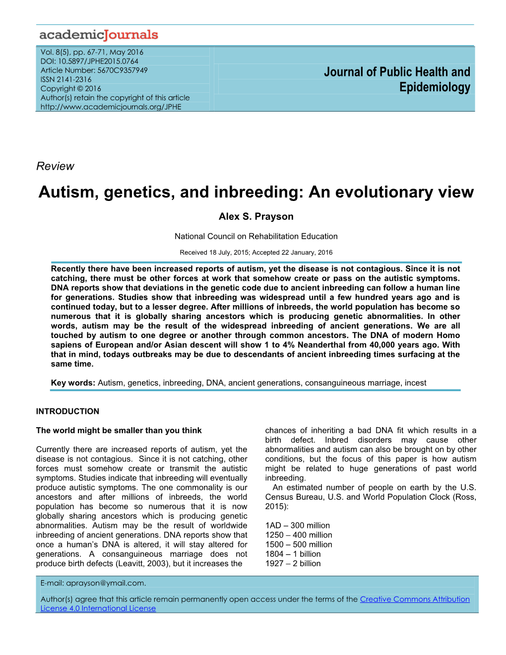 Autism, Genetics, and Inbreeding: an Evolutionary View