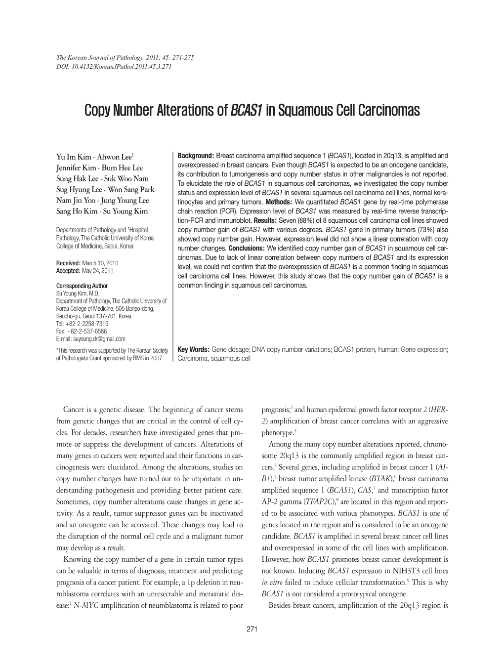 Copy Number Alterations of BCAS1 in Squamous Cell Carcinomas