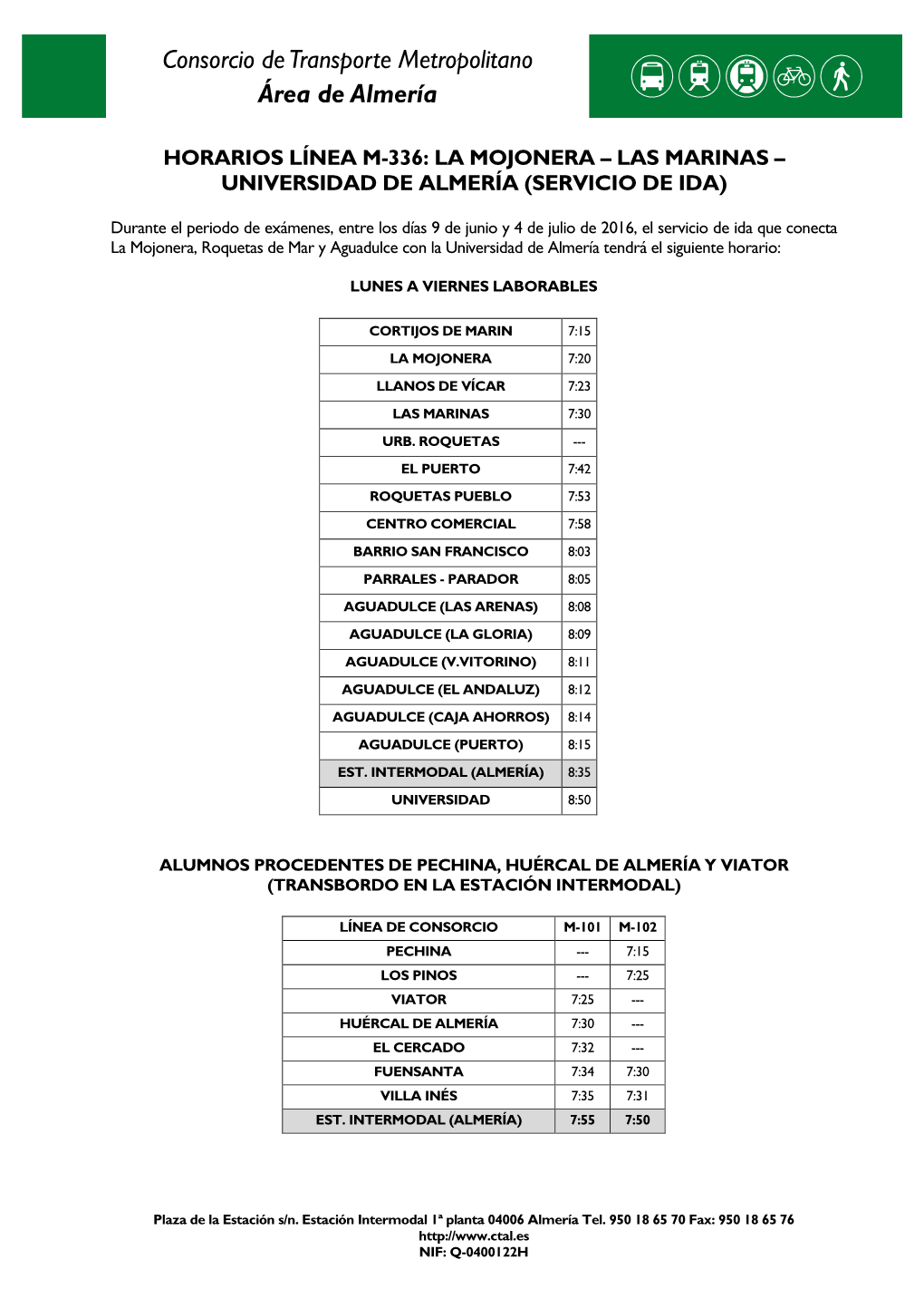 Horarios Línea M-336: La Mojonera – Las Marinas – Universidad De Almería (Servicio De Ida)