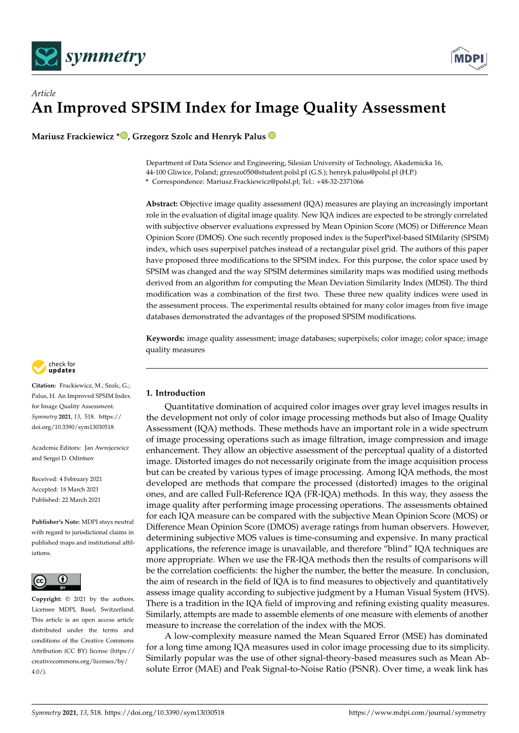 An Improved SPSIM Index for Image Quality Assessment