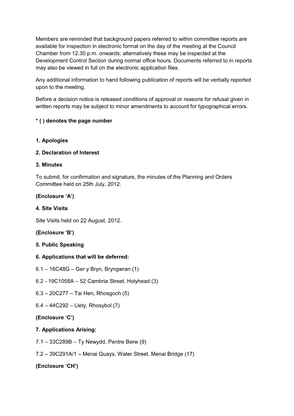 Planning and Orders Committee Agenda 05/09/2012