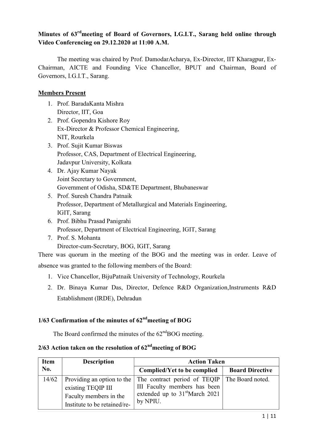 Minutes of 63Rdmeeting of Board of Governors, I.G.I.T., Sarang Held Online Through Video Conferencing on 29.12.2020 at 11:00 A.M