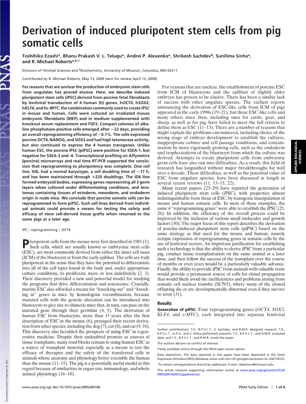 Derivation of Induced Pluripotent Stem Cells from Pig Somatic Cells