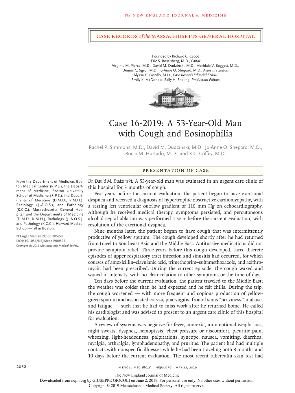 Case 16-2019: a 53-Year-Old Man with Cough and Eosinophilia