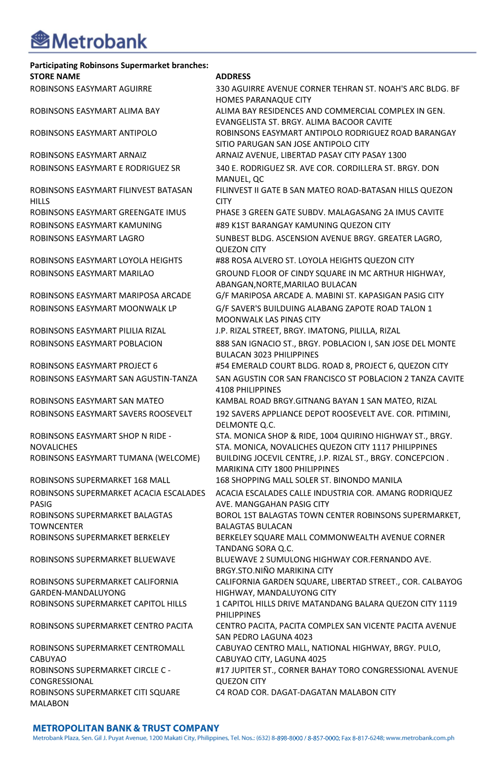 Participating Robinsons Supermarket Branches: STORE NAME ADDRESS ROBINSONS EASYMART AGUIRRE 330 AGUIRRE AVENUE CORNER TEHRAN ST