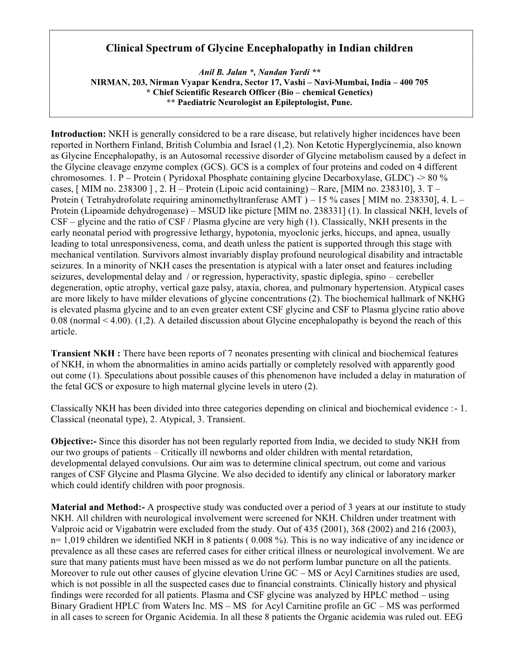 Clinical Spectrum of Glycine Encephalopathy in Indian Children