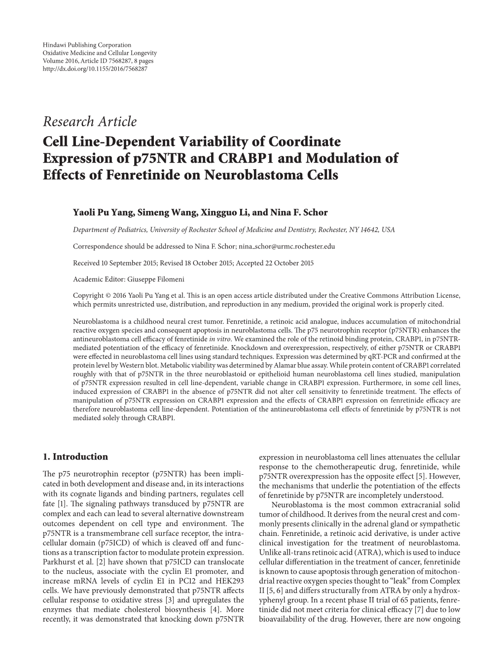 Cell Line-Dependent Variability of Coordinate Expression of P75ntr and CRABP1 and Modulation of Effects of Fenretinide on Neuroblastoma Cells