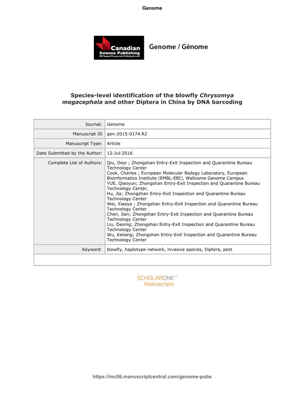 Species-Level Identification of the Blowfly Chrysomya Megacephala and Other Diptera in China By