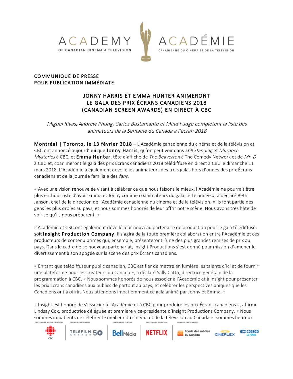 Jonny Harris Et Emma Hunter Animeront Le Gala Des Prix Écrans Canadiens 2018 (Canadian Screen Awards) En Direct À Cbc