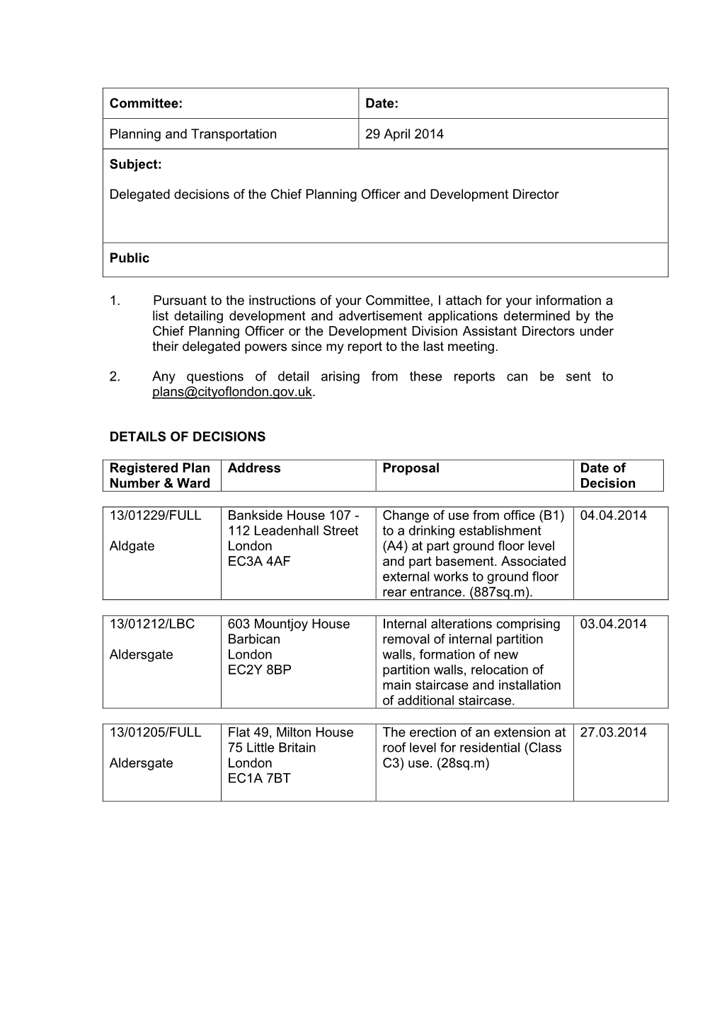 Delegated Decisions of the Chief Planning Officer and Development Director