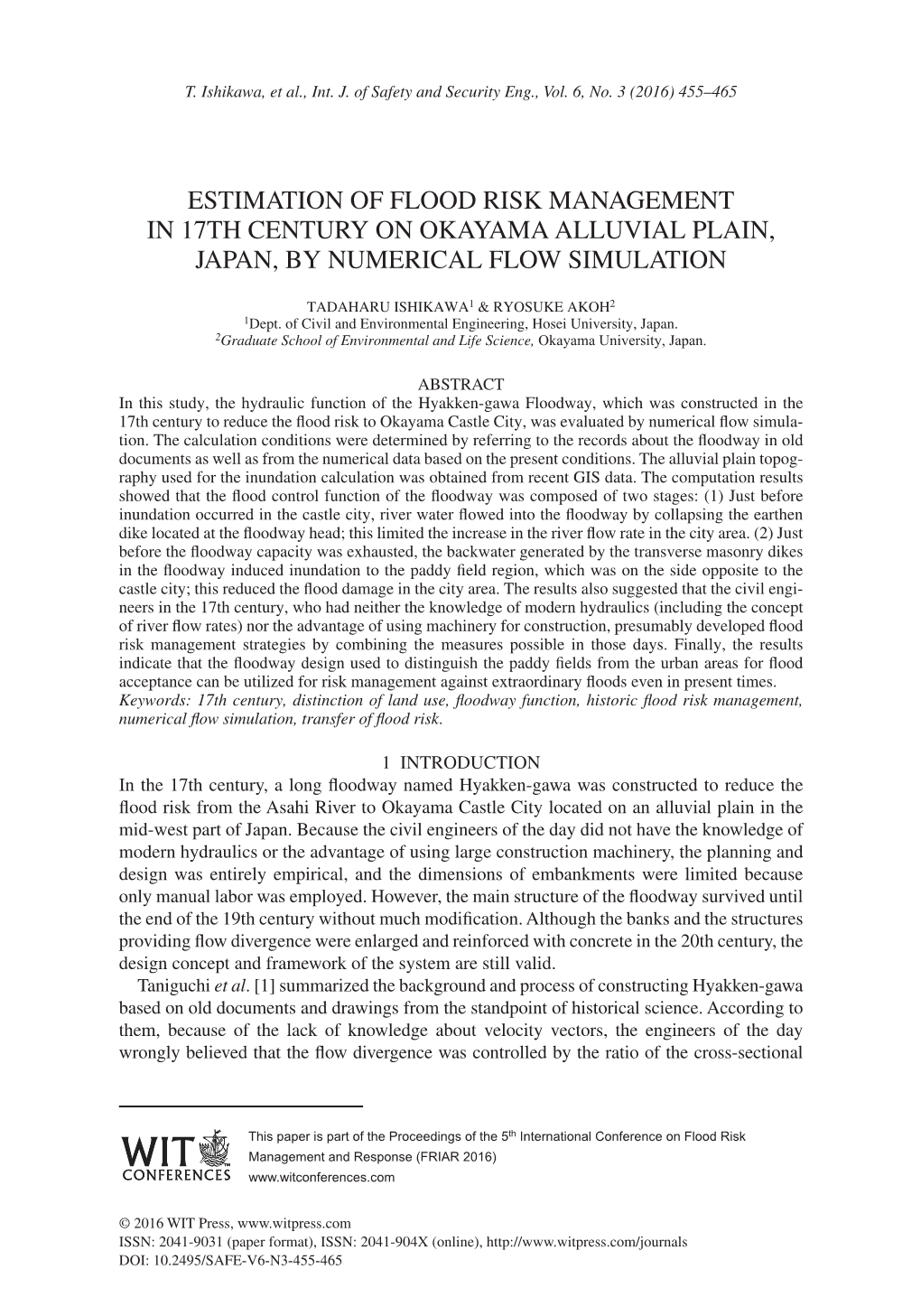 Estimation of Flood Risk Management in 17Th Century on Okayama Alluvial Plain, Japan, by Numerical Flow Simulation