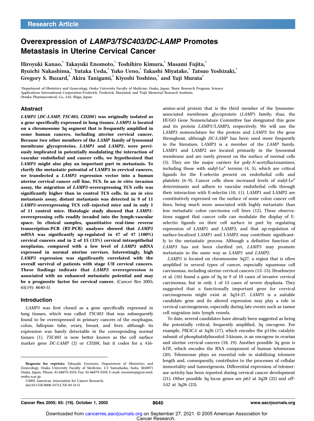 Overexpression of LAMP3/TSC403/DC-LAMP Promotes Metastasis in Uterine Cervical Cancer