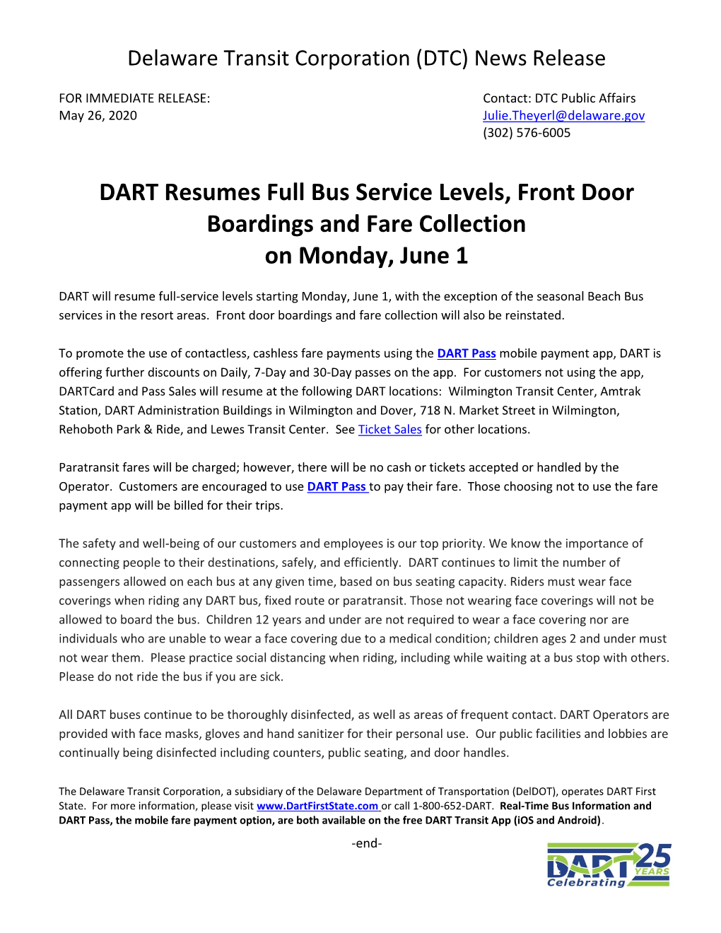 DART Resumes Full Bus Service Levels, Front Door Boardings and Fare Collection on Monday, June 1