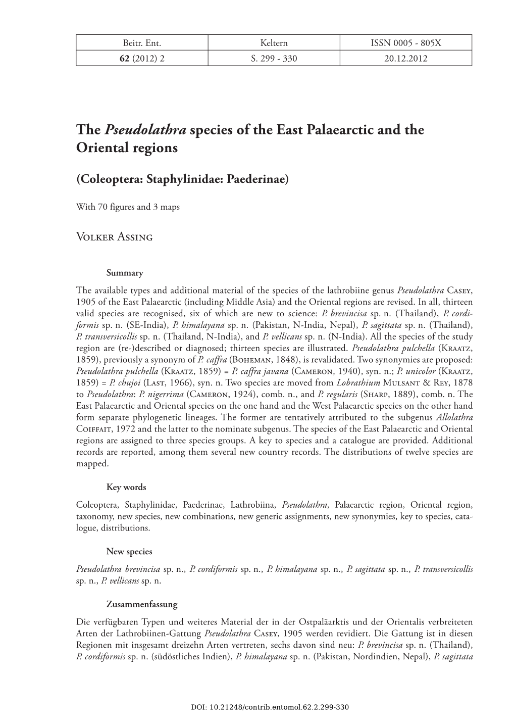 The Pseudolathra Species of the East Palaearctic and the Oriental Regions
