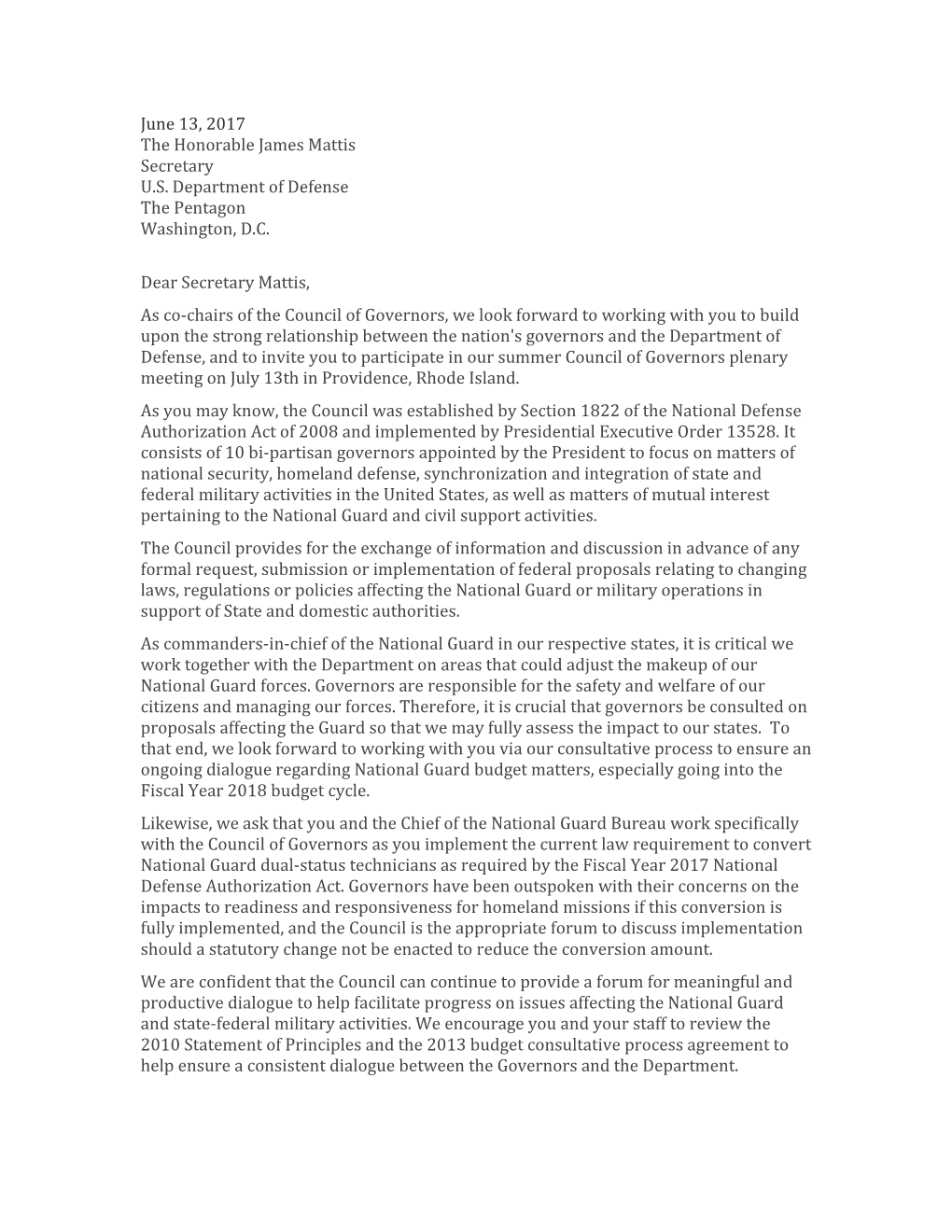 Co-Chair Letter to Secretary Mattis Regarding New Members of the Council of Governors