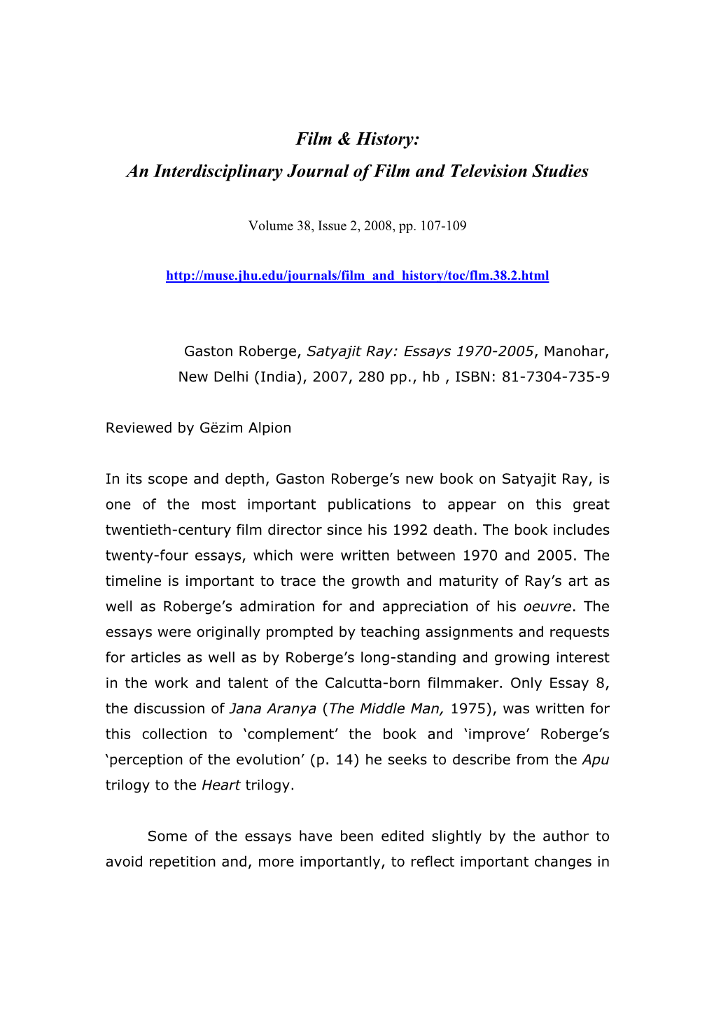 Film & History: an Interdisciplinary Journal of Film and Television Studies