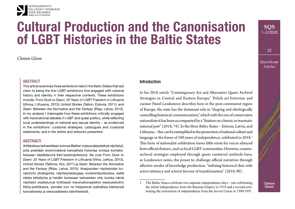 Cultural Production and the Canonisation of LGBT Histories in the Baltic States