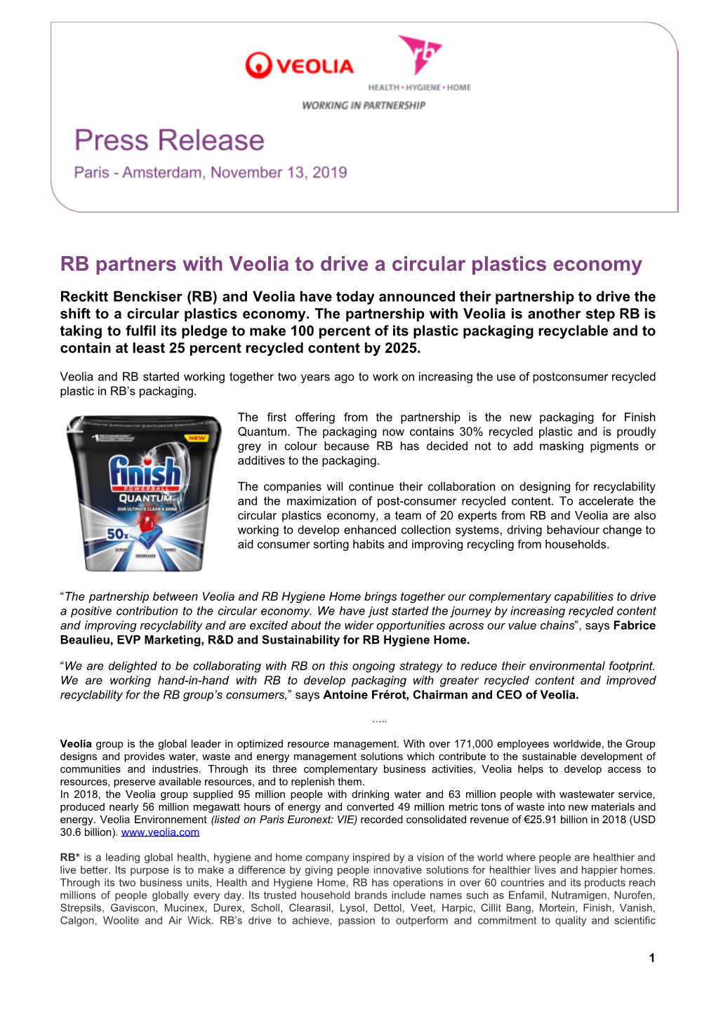RB Partners with Veolia to Drive a Circular Plastics Economy
