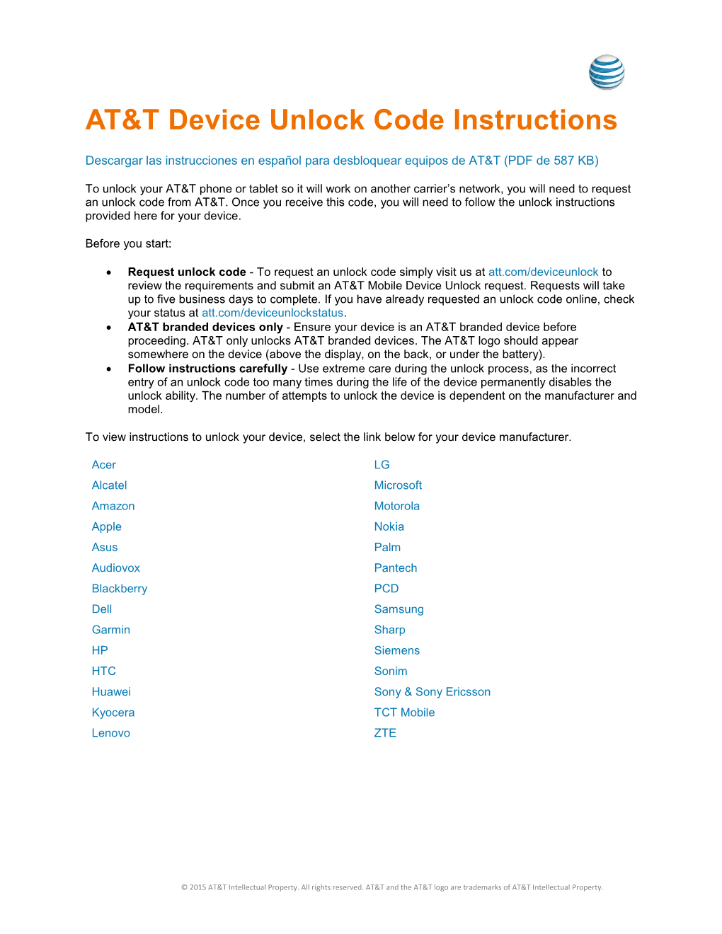 AT&T Device Unlock Code Instructions