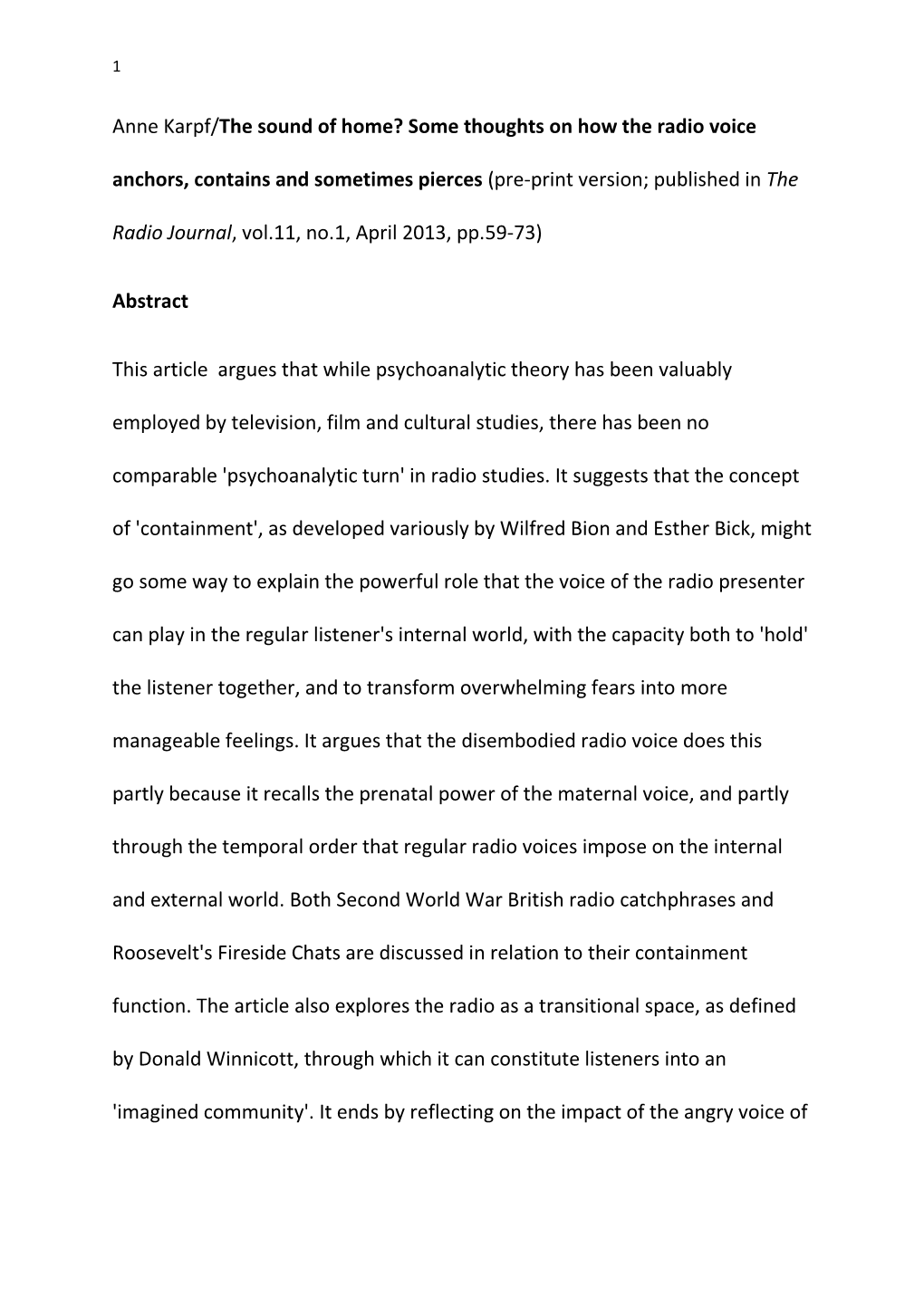 Anne Karpf/The Sound of Home? Some Thoughts on How the Radio Voice Anchors, Contains and Sometimes Pierces (Pre-Print Version; Published in The