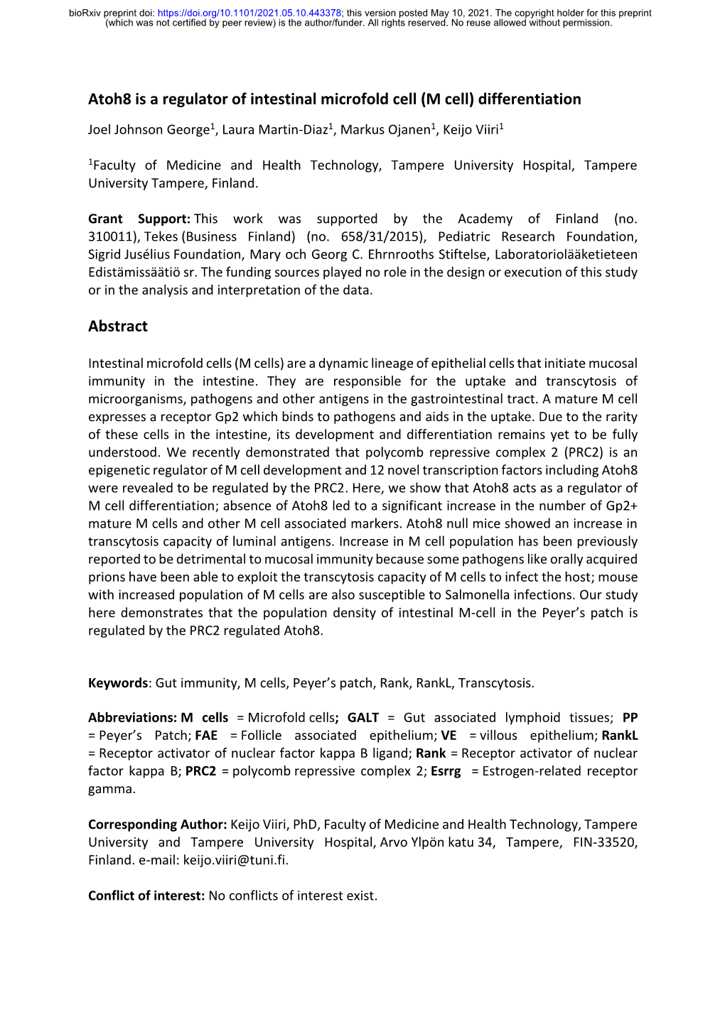 Atoh8 Is a Regulator of Intestinal Microfold Cell (M Cell) Differentiation Joel Johnson George1, Laura Martin-Diaz1, Markus Ojanen1, Keijo Viiri1