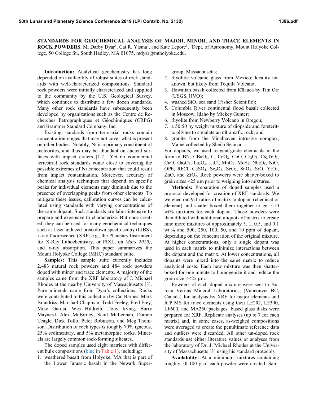 Standards for Geochemical Analysis of Major, Minor, and Trace Elements in Rock Powders