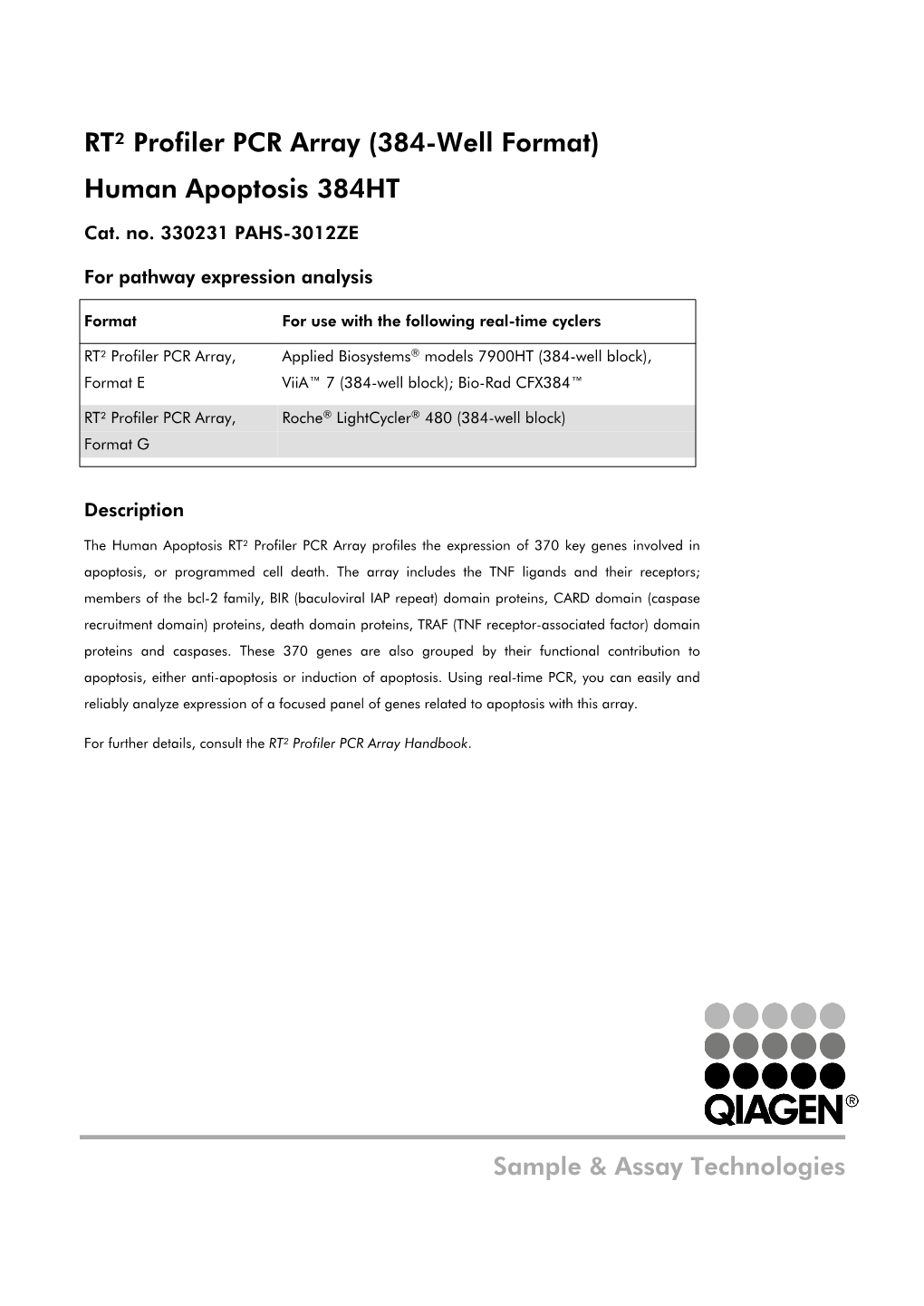 RT² Profiler PCR Array (384-Well Format) Human Apoptosis 384HT