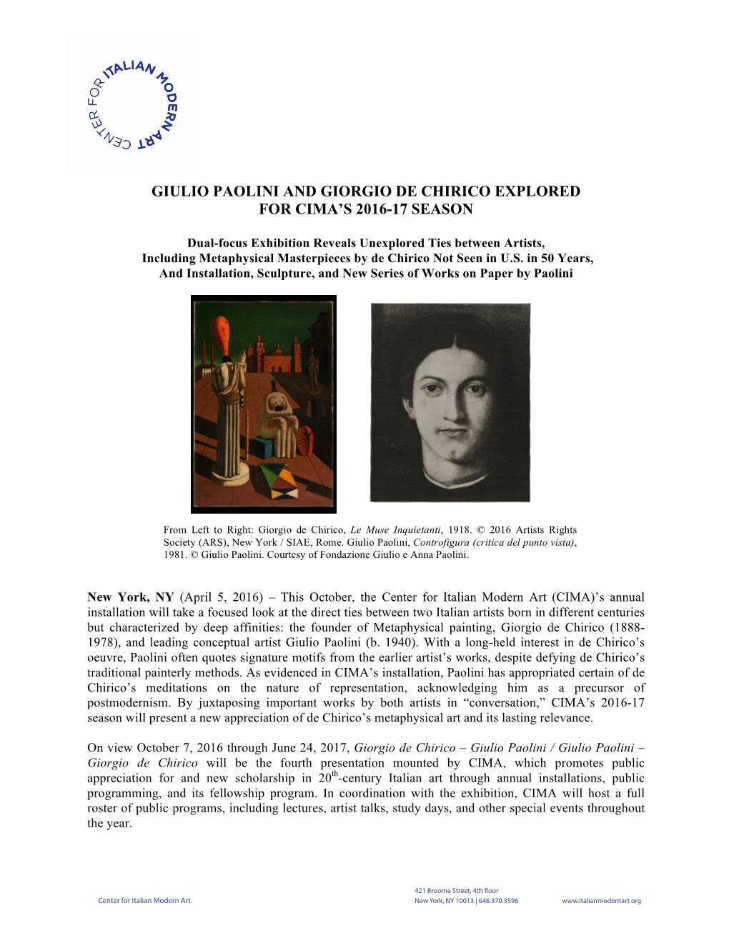 Giulio Paolini and Giorgio De Chirico Explored for Cima's