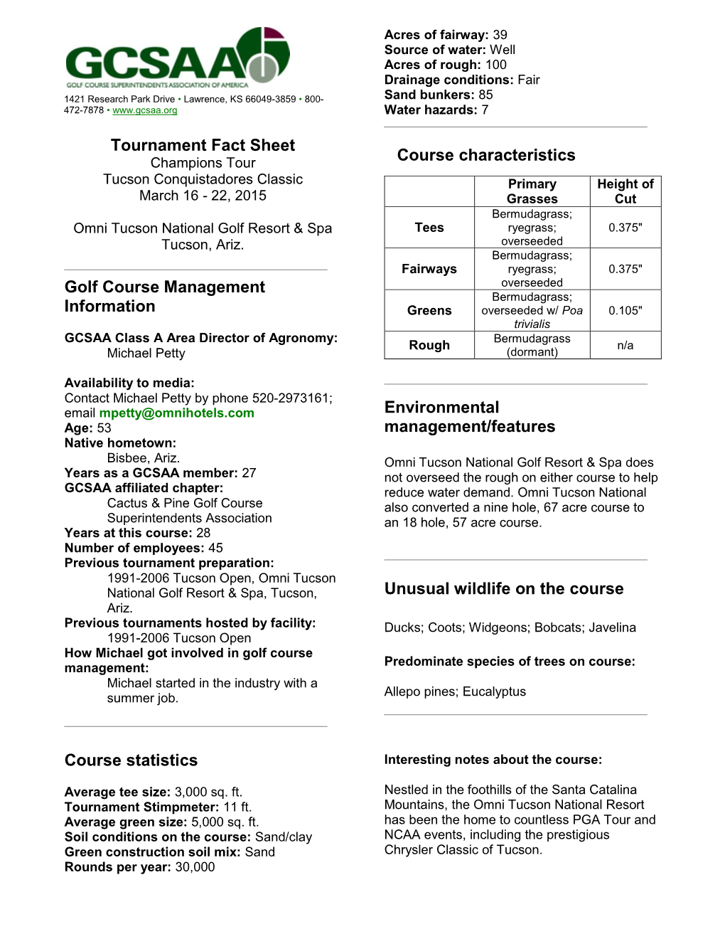 Tournament Fact Sheet Golf Course Management Information Course